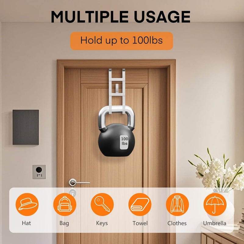 FYY Over The Door Hooks - 2 Pack Heavy Duty Triple-Hook Organizer Hanger with Non-Slip Rubber for Towels, Clothes, Hats & Bags Use in Bathroom, Bedroom, Kitchen - Fits Interior Doors Up to 1.6" White - Image 4